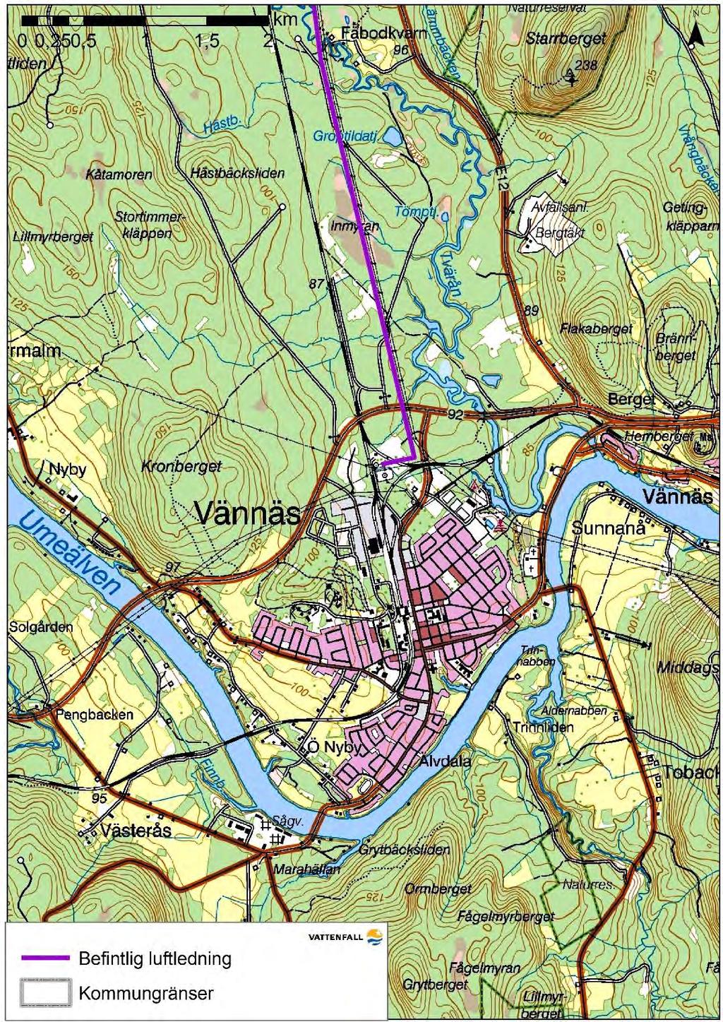 Figur 3 Karta över ledningens sträckning vid Vännäs tätort Boendemiljö Boendemiljö innefattar aspekter som avstånd till elledningen, utsikt, buller och elektromagnetiska fält.