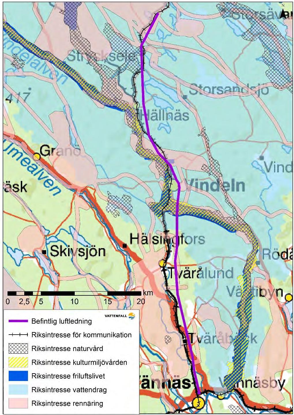 Figur 4 Riksintressen i ledningens närhet Rennäring Luftledningen är belägen i vinterbetesland för de tre samebyarna, Ubmeje, Gran och Ran.