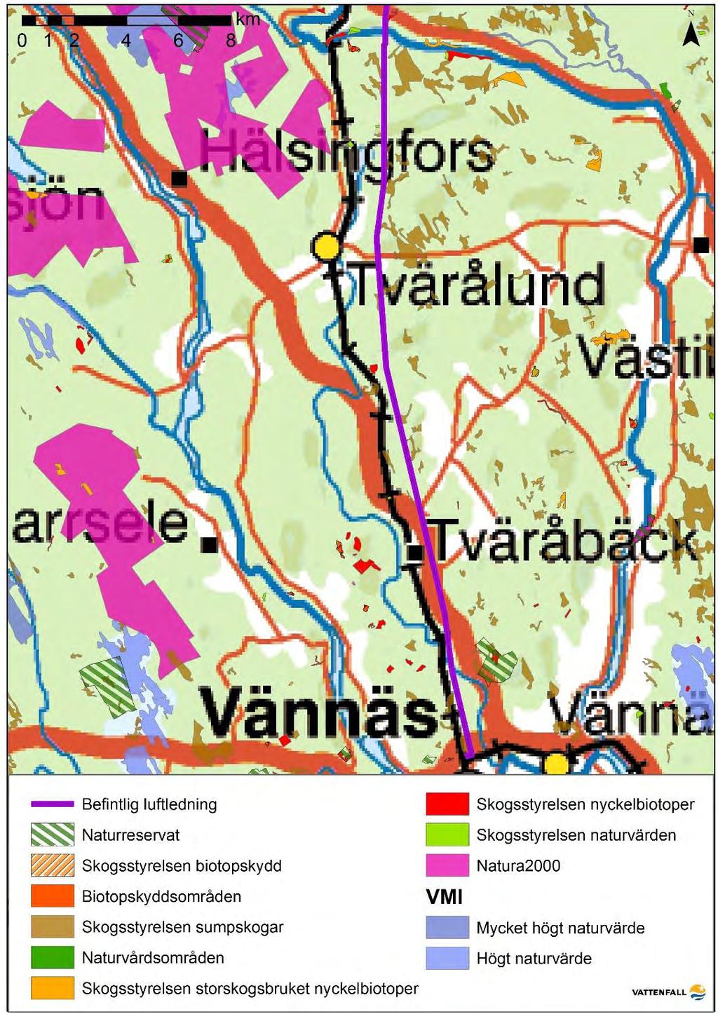 Figur 6 Höga natur- och kulturvärden i den södra delen Fåglar Luftledningar kan orsaka fågelkollisioner och är vanligare för större fågelarter som t ex skogshöns och svanar.