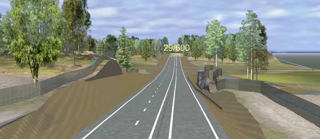 Bild från VR-modell vid 29/600. Vägen passerar genom en höjdrygg i ett öppet jordbrukslandskap.