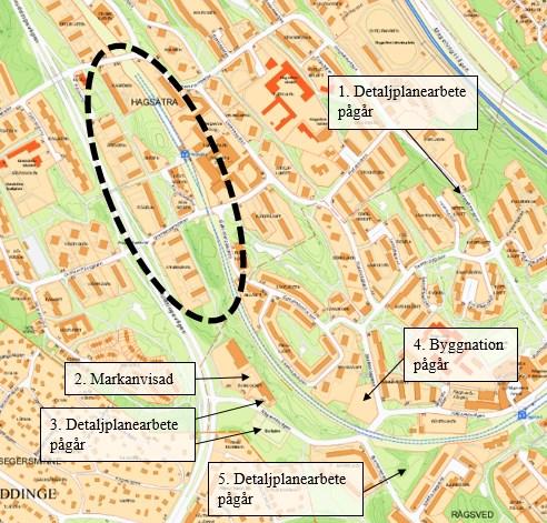 Sida 4 (12) Projektområdets lokalisering i stadsdelen Hagsätra. Huddingevägen i väst och Hagsätra centrum/hagsätra tunnelbanestation i öst. 1.
