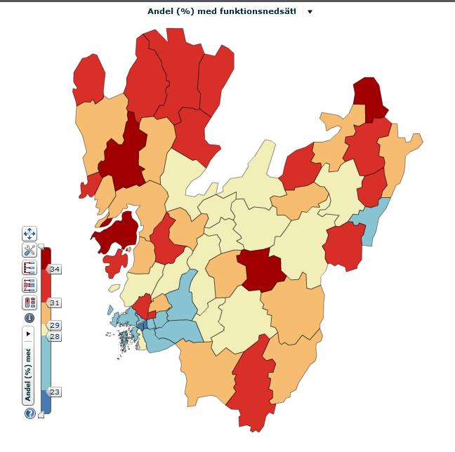 Behovsanalys med åtgärdsförslag 2015 7 (15) Andel personer i procent som har en självrapporterad funktionsnedsättning Källa: Folkhälsoenkäten 2011 Personer med funktionsnedsättningar i VGR upplever
