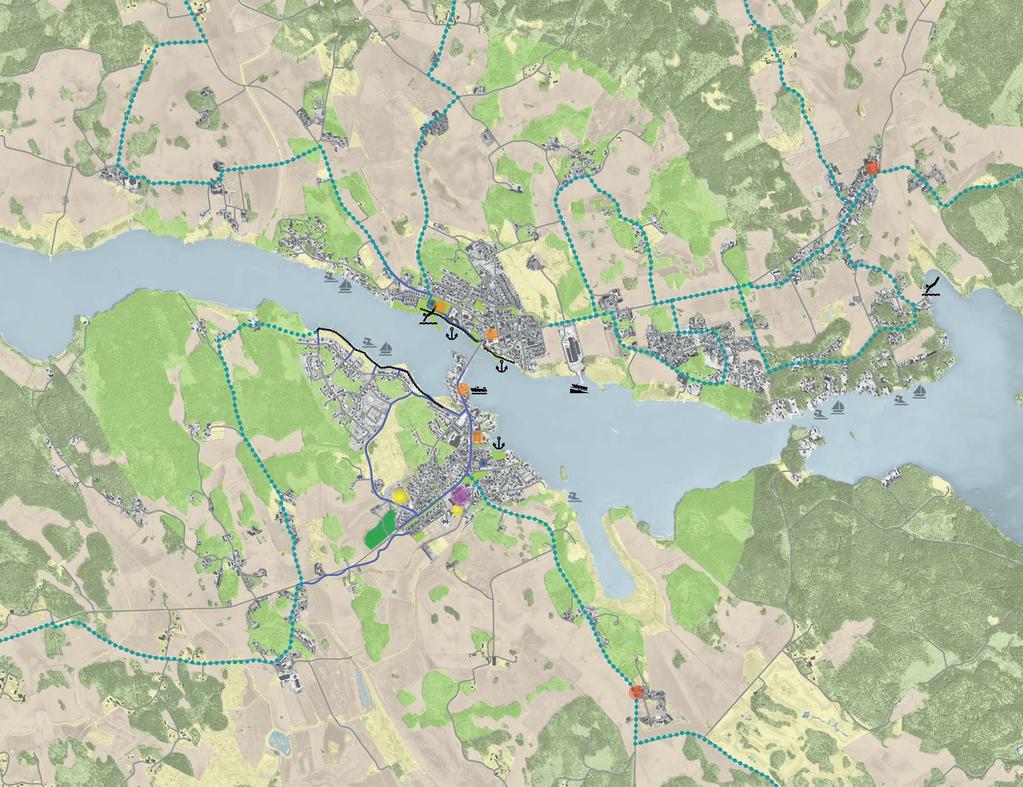 KARTA 1: ANVÄNDNING Allmänt grönområde Strandpromenad Tätortsnära skog Skolskog Cykelväg Cykelleder Sportanläggning Mötesplats Lekplats Skola Kyrkogård Skog