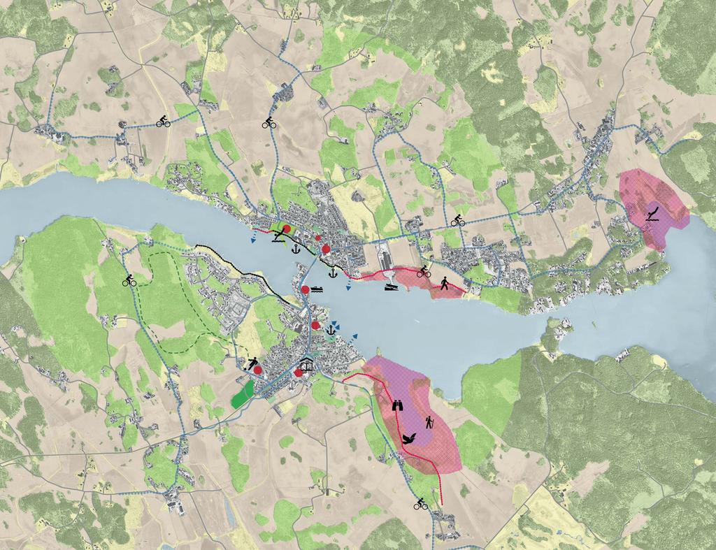 KARTA 5: VISIONSKARTA REKREATION Allmänt grönområde Strandpromenad Strandpromenad - utveckling Tätortsnära skog Skolskog Cykelväg Cykelled Målpunkter Motionsspår-utveckling Plats med sjökontakt