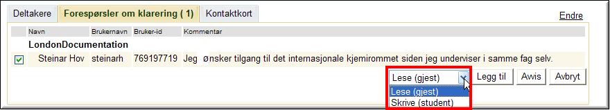 tillgång accepteras (med tilldelning av rättigheter i rummet)