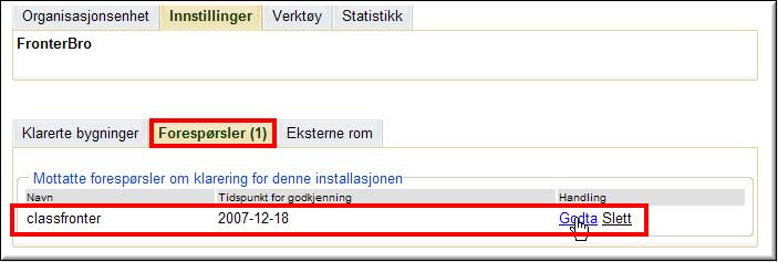 Här får man en översikt på rum som är tillgängliga via FronterBrygga För installationen som mottar inbjudningar visas detta under fliken
