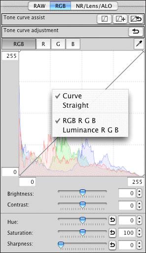 Tone Curve Adjustment (Tonkurveinställning) Du kan ställa in ljusstyrka, kontrast och färg i ett visst område genom att ändra tonkurvan (sid. 8). Välj tonkurvsmetod och interpolationsmetod.