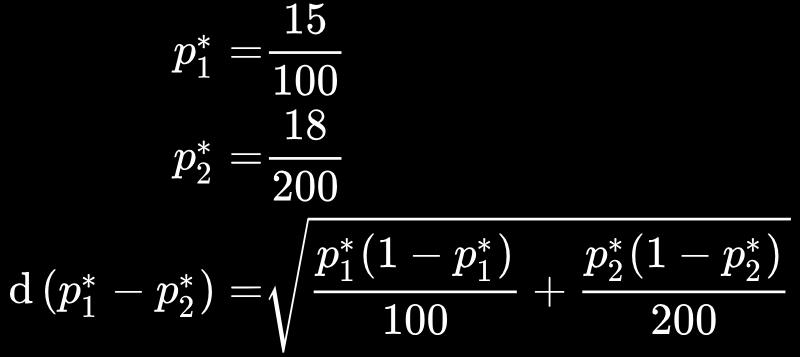 Intervallet blir: >> p1 = 15/100 [0.1500] >> p2 = 18/200 [0.0900] >> sderror = sqrt(p1*(1p1)/100+p2*(1p2)/200) [0.