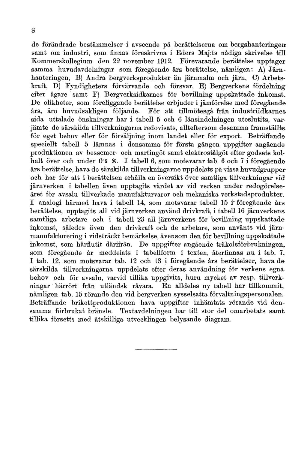8 de förändrade bestämmelser i avseende på berättelserna om bergshanteringen samt om industri, som finnas föreskrivna i Eders Maj:ts nådiga skrivelse till Kommerskollegium den 22 november 1912.