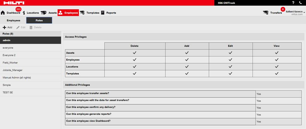 Observera att raderade inventarier/förbrukningsvaror/råvaror inte kan återskapas av Hilti!