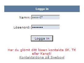 Matchrapportering. Inloggning. Skriv in swebowl.