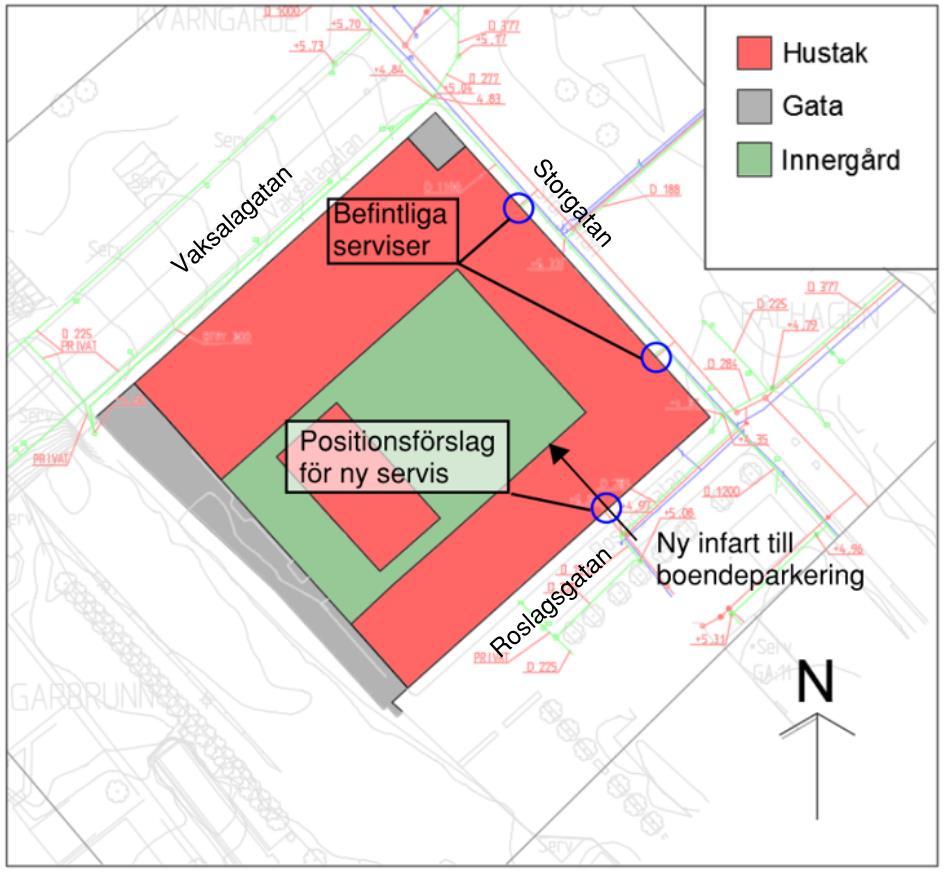 Sida 8 (22) 3.1 Befintliga ledningar Fastigheten har två stycken dagvattenserviser som ansluter mot ledningsnätet i Storgatan. Dessa ligger i de två infarterna till parkeringarna i markplan.