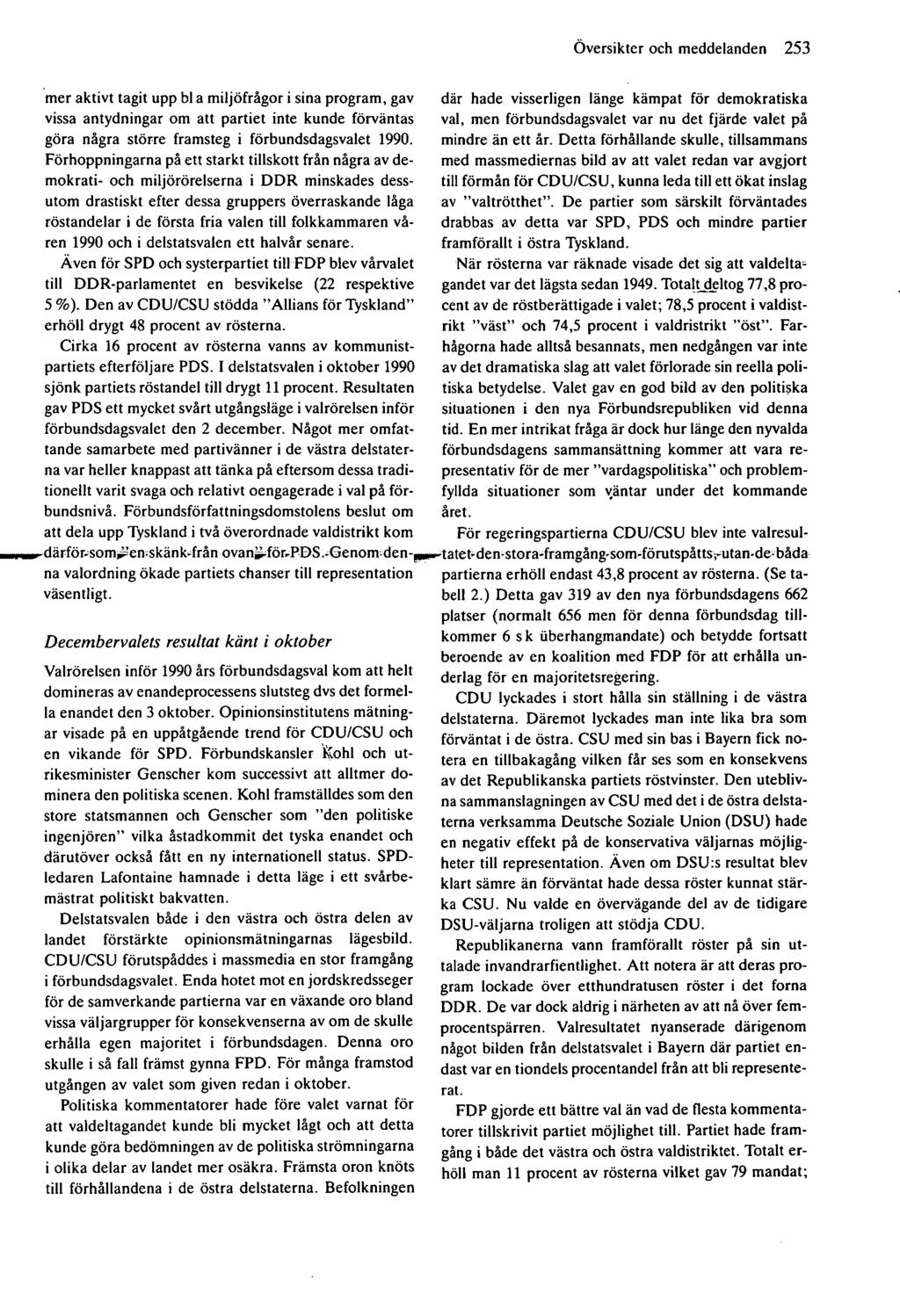 Översikter och meddelanden 253 mer aktivt tagit upp bl a miljöfrågor i sina program, gav vissa antydningar om att partiet inte kunde förväntas göra några större framsteg i förbundsdagsvalet 1990.