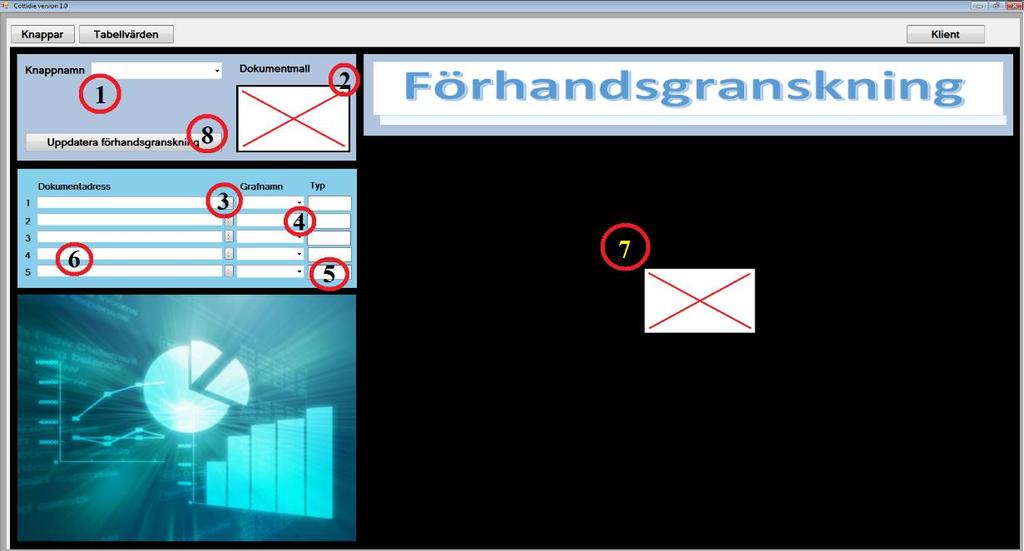 . Välj knappnamn..2.. Vald mall visas..3.. Hämtar dokument / Bild / internetadress. Detta kan hämtas openfilhantering eller manuell inmatning av sökväg..4.. Här hämtas skapade grafer..5.