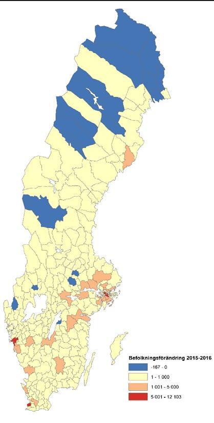 PROJEKT SOM BERÖR INTEGRATION KAPITEL 15 Figur 6 Befolkningsförändring i Sveriges kommuner 2015 2016, inklusive invandring (till vänster) och exklusive invandring (till höger).