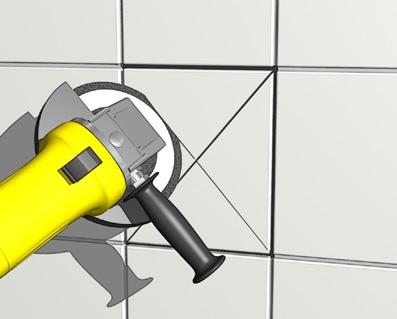 BYGGMAX ROLLBART SYSTEM FÖR VÅTRUM 21 2 LAGA SKÄR PLATTAN Använd en vinkelslip och skär först ett diagonalt kryss i plattan och sen ett rutmönster, se även nästa bild. OBS!