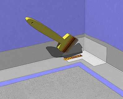 Applicera Byggmax Ångspärr med roller och pensel på alla väggar och ca 200 mm ut på golvet (en rollerbredd). Låt torka i ca 20 min eller tills ytan känns torr och inte klibbar.
