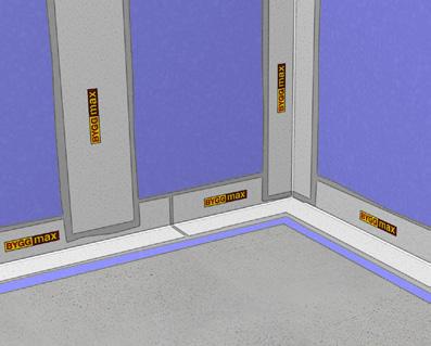 BYGGMAX ROLLBART SYSTEM FÖR VÅTRUM 7 3 VÄGG REMSOR OCH BAND Fortsätt på samma sätt att montera Byggmax Våtrumsremsa alt Byggmax Fiberremsa i alla väggvinklar och eventuella skivskarvar.