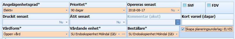 Fyll i rutorna till höger, Angelägenhetsgrad elektiv eller kontrollpatient, och den prioritet som angetts.