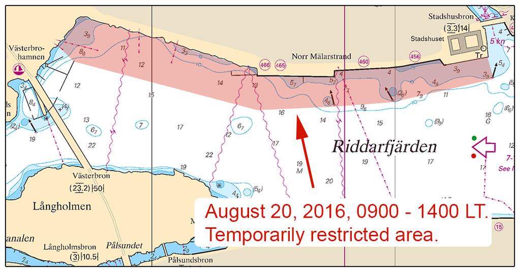 2016-08-11 10 Nr 611 * 11416 (T) Sjökort: 6141, 6142 Sverige. Mälaren och Södertälje kanal. Stockholm. Riddarfjärden. Simtävling. Tillfällig avstängning av vattenområde. Tid: 20 augusti kl.