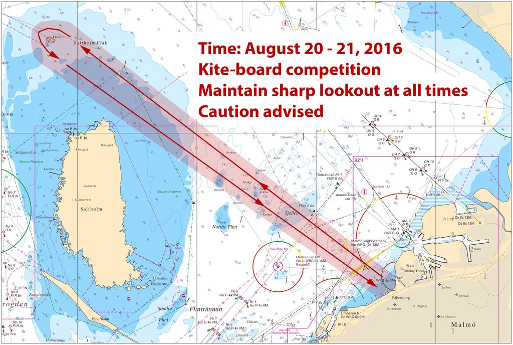 2016-08-11 14 Nr 611 Kite-board tävling Ribersborg - Flakfort - Ribersborg Red Bull. Publ. 10 augusti 2016 Kattegatt * 11441 (T) Sjökort: 925, 931 Sverige. Kattegatt. S om Göteborg.