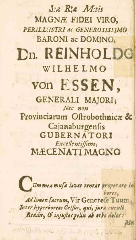 J.\* R*.4 M:tis MAGNjE FIDEI VIRO, PERILLIISTRI ac GENEROSISSIMQ BARONI ac DOM^O, Dn.