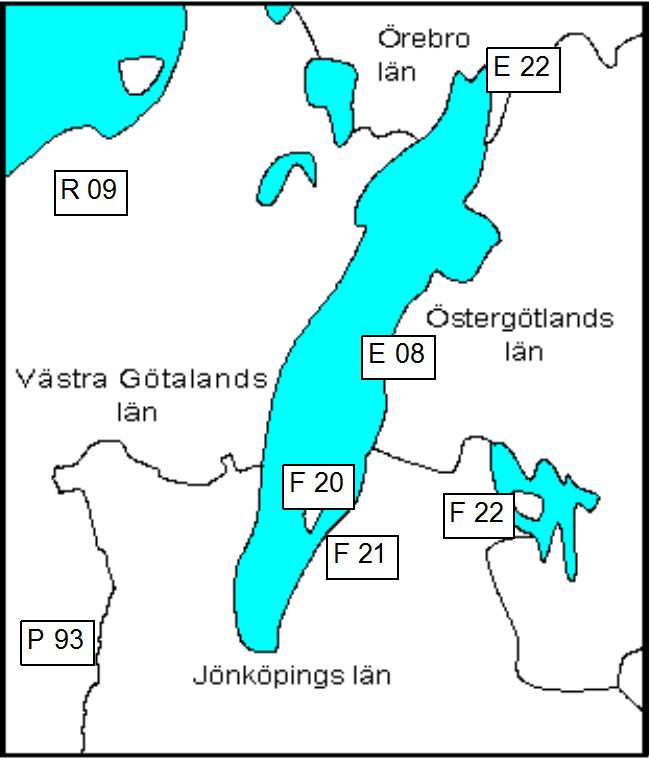 E 08, Omberg Gran E 22, Höka Tall F 20, Visingsö - F 21, Gynge Tall F 22, Bordsjö Gran P 93, Humlered Tall R 09, Stora Ek Gran Figur 2. Visingsö och jämförelselokaler med depositionsmätningar 2000/01.