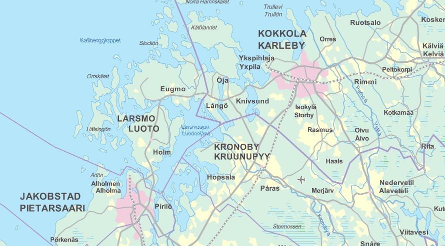 1-5 2. PLANLÄGGNINGSOBJEKT OCH INFLUENSOMRÅDE Planläggningsområdet ligger i Larsmo kommun, inom Jakobstads-regionens pendlingsområde.