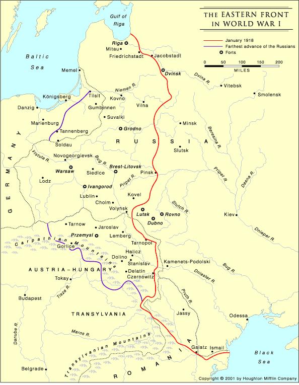 Även på östfronten var kriget grymt. Mer än 3 miljoner soldater dog i striderna och drygt 9 miljoner sårades. Startade den 17 augusti 1914 när den ryska armén invaderade östra Preussen.