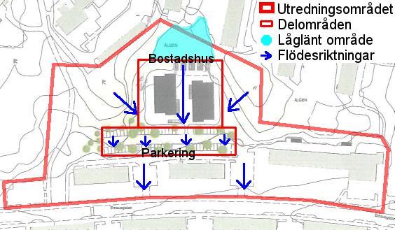 Figur 9. Utredningsområdet uppdelat i delområden, utefter bebyggelse, samt lågpunkter och ungefärliga ytliga flödesriktningar.