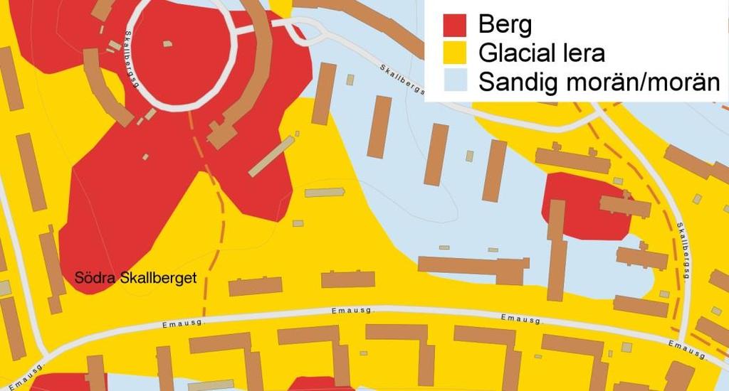 Figur 7. Översiktlig jordartskarta. Bildkälla: SGU, 2016. Utifrån detta underlag bedöms möjligheterna till infiltration i utredningsområdet som möjligen goda där sandig morän/morän förekommer.