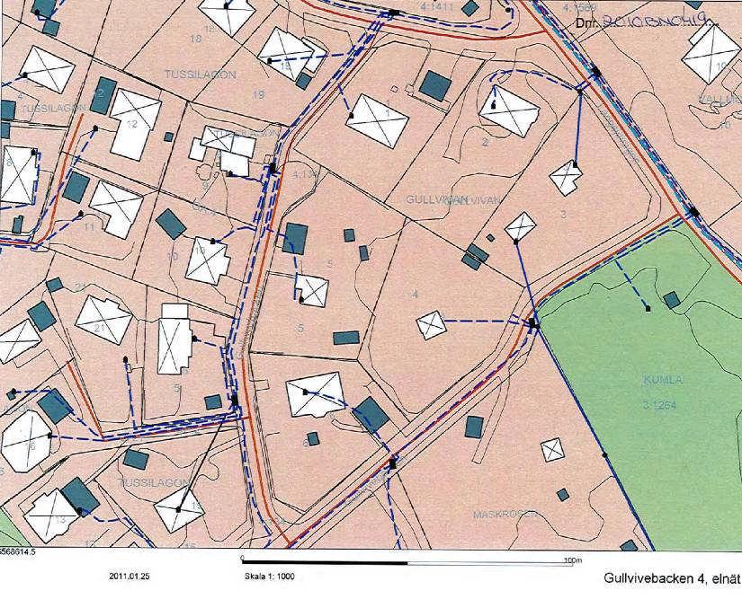 Vattenfalls elanläggningar: Turkos linje= 24 kv högspänningsledning, blå linje= 0,4 kv lågspänningsledning och lila linje=0,1 kv