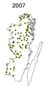 Riksinventeringen 5. Motsvarande andelar år bedöms bli något lägre,,8 % respektive,9 %. Andelen sjöar med större ph-förändring än, är störst i sydvästra Sverige och avtar snabbt åt nordost.