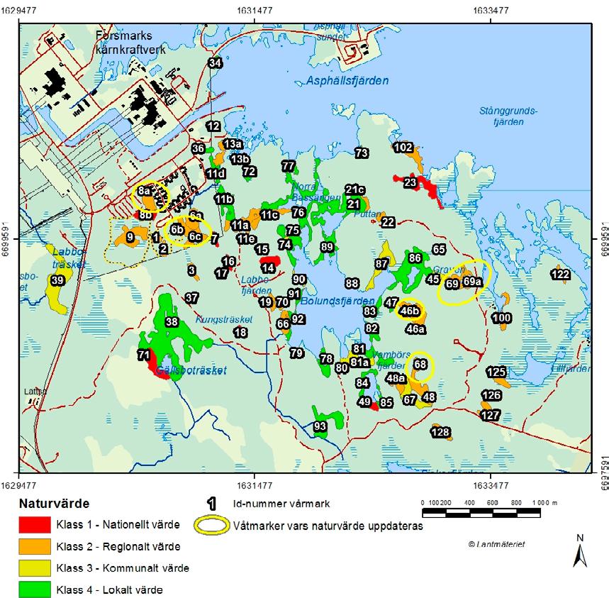 Figur 5 1. Naturvärdesklassificering av våtmarker i Forsmarksområdet. De våtmarker vars naturvärde uppdateras i och med 2016 års inventering markeras i kartan med gul ring.