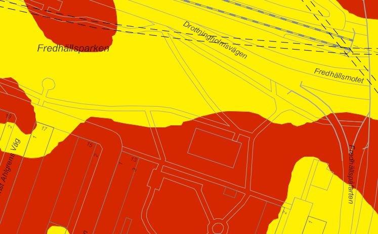 Sida 14 (27) Stockholm stads byggnadsgeologiska karta: Gul färg lera/mindre mäktig lera, röd färg berg i dagen, svart linje planområdet.
