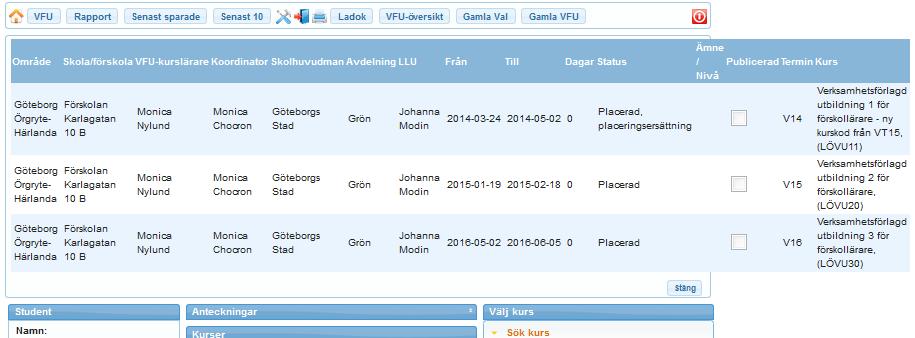 12. Placeringshistorik Du kan enkelt få en översikt med information kring en specifik students placeringshistorik. Klicka på studentens namn i din VFU-lista.