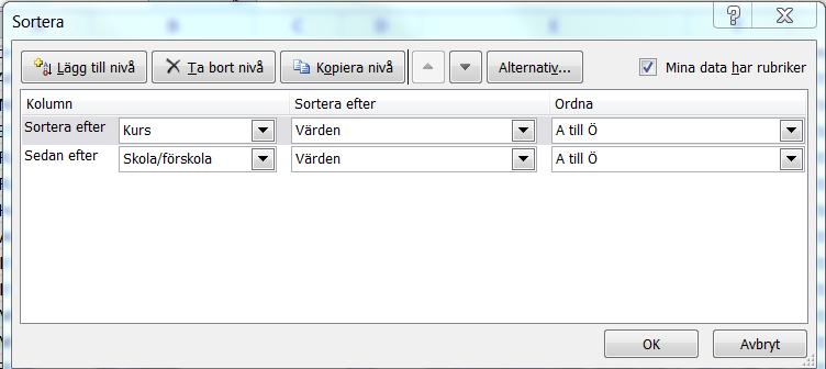 Genom att klicka på Lägg till nivå kan du välja vad du önskar sortera på i andra hand.