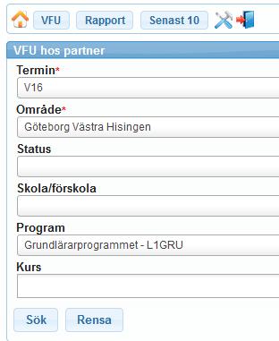 5. Sök studenter på VFU-område Klicka på VFU och därefter på VFU hos partner så kommer det egna VFU-området upp, det vill säga det område du har behörighet för i VFU-webb.