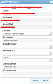 För att placera studenten inom VFU-området, klicka på knappen med ikonen penna (se pil i