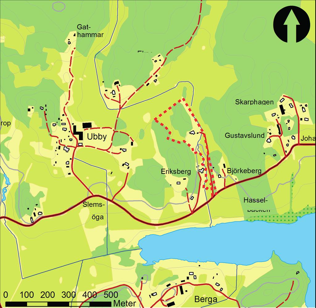 Utredning vid Närtuna-Ubby Figur 2. Karta över Ubby och Närtunavikens västra del. Utredningsområdet är streckat med röd linje. Skala 1:10 000.