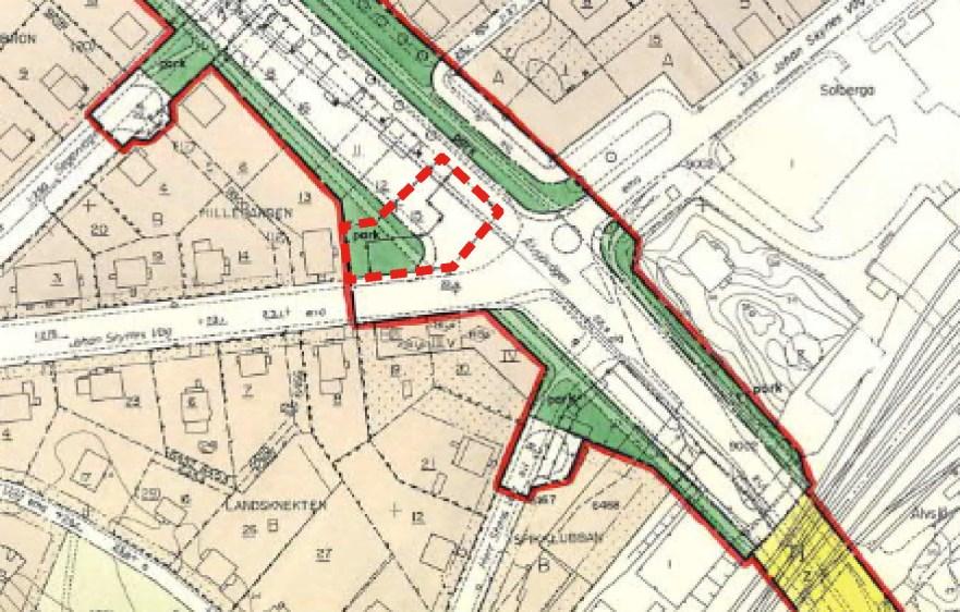 Sida 4 (13) Plandata Läge, areal, markägoförhållanden Planområdet är beläget i korsningen Älvsjövägen och Johan Skyttes väg, 300 meter sydväst om Älvsjö Torg med gångavstånd till pendeltåg, buss och