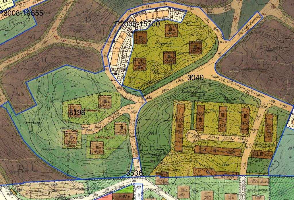 Områden där nya byggnader nu planeras avser i gällande plan parkmark. Planmosaik med planområdets ungefärliga utbredning i rött.