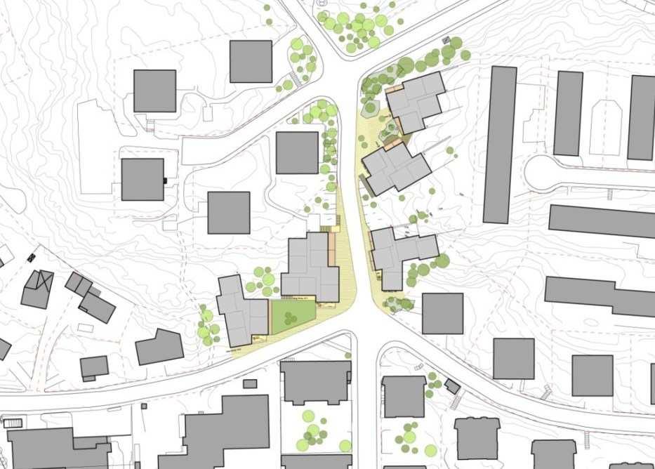 Sida 9 (13) Planskiss med föreslagna byggnader i korsningen Schlytersvägen/Sigfridsvägen. Terrängen styr byggnadernas placering för att minimera markingrepp.