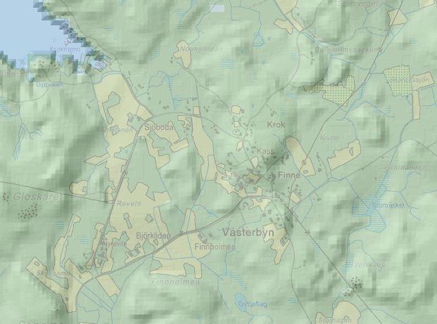 Husen är bandlikt, relativt glest belägna längs den slingrande Västerbyvägen.