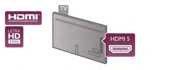 Anslut en Blu-ray-spelare, spelkonsol eller dator som kan spela upp Ultra HD-film till HDMI 5-anslutningen. Använd en HDMI-kabel med hög hastighet.