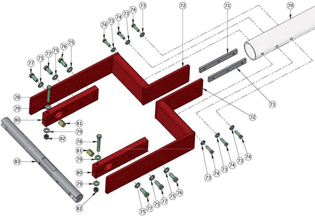 4.3. Montage av rund centralarm på BL41 72 19 10 54 13 10 Övre stopp 13 Nav 19 Hävarm för frikoppling 30 Balansfjäder 54 Mutter 57 Låspinne 70 Rund aluminiumarm, Ø 100 71 Montagekonsoler för rund arm
