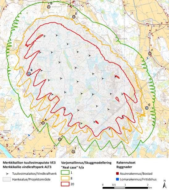 per år. Vid den fasta bostad (A) som finns söder om den planerade vindkraftsparken är antalet skuggtimmar enligt modellen mindre än 7 timmar per år. Bild 9.10.