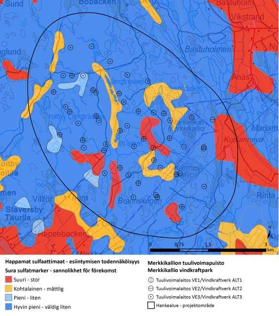 Bild 9.13. Sannolikhet för förekomst av sura sulfatjordar på projektområdet (GTK 2014)
