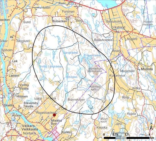 Bild 10.7. Platsen för observationerna av vår- och höstflyttningen sydväst om projektområdet (Jynx 2014b). Bedömningen av konsekvenserna för fågelbeståndet har gjorts i form av en expertbedömning.
