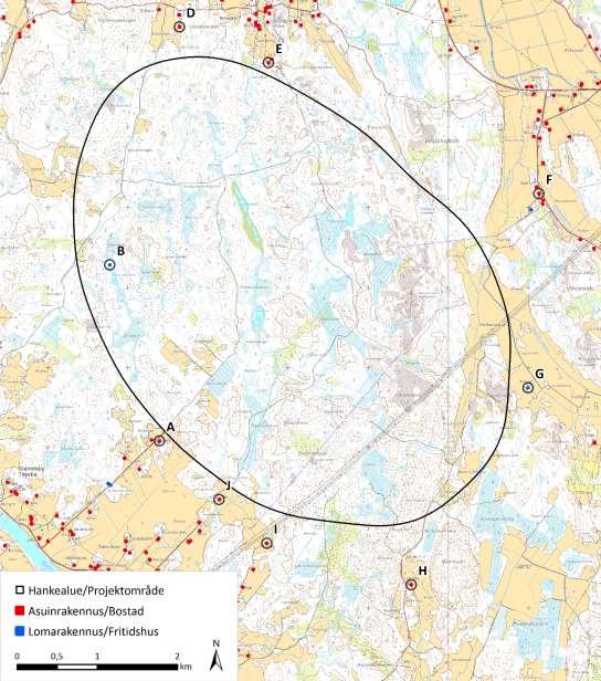 Bild 9.1. Modellerade bullerkänsliga objekt (A J) och deras läge.